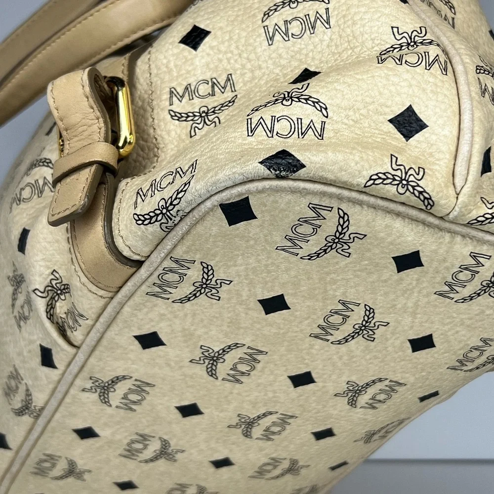 MCM Visetos Ivory Medium Shoulder‎ Bag Logo Print Leather Trim Zip Top Designer